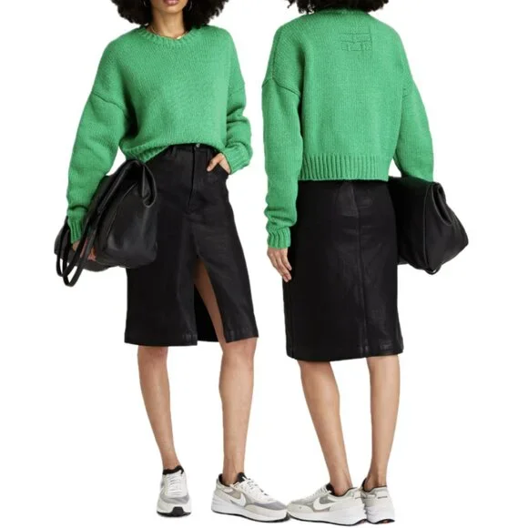 FRAME Split-Hem Coated Midi Skirt (Noir Coated Black)
